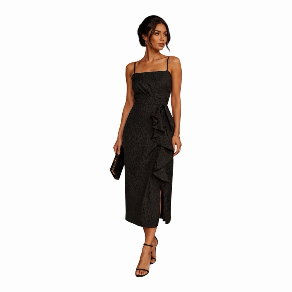Willa Story Black Textured Ruffle Midi Dress Side Slit Made in USA S